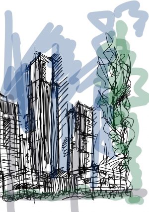 Songdo's international business district. Sketch courtesy of Pomeroy Studio.