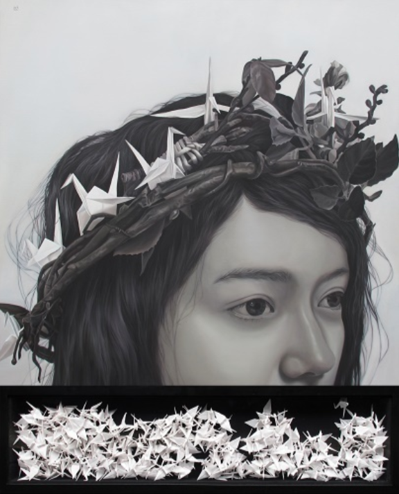 Pragmatic Dream II, 2016. Oil on canvas and paper origami.