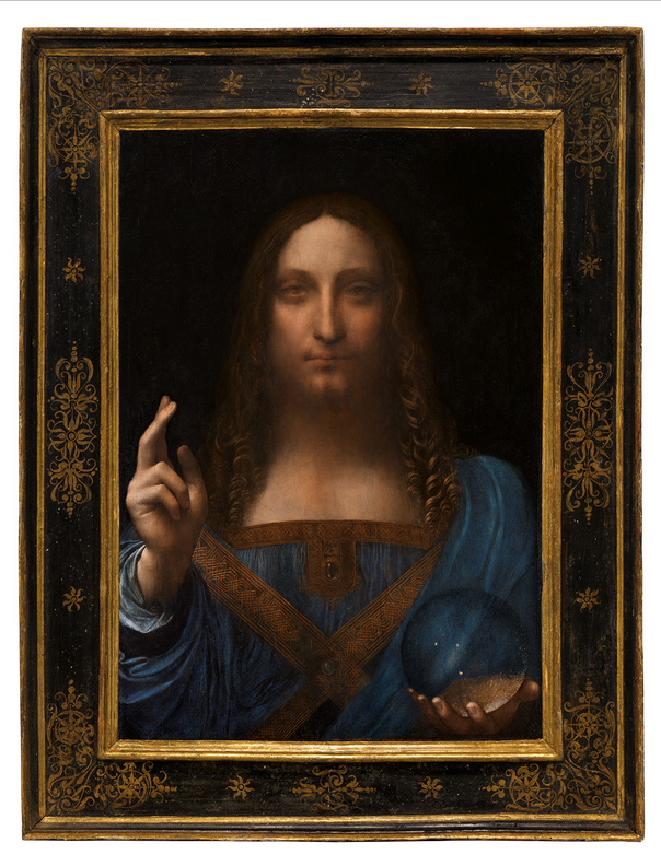 Leonardo da Vinci, Salvator Mundi. Oil on walnut panel. Panel dimensions: 25 13/16 x 17 15/16 in (64.5 x 45.1 cm) top; 17¾ in (45.6 cm) bottom; Painted image dimensions: 15⅜ x 17½ in (64.5 x 44.7 cm).