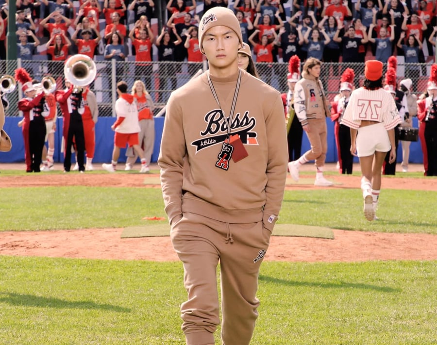 The BOSS x Russell Athletic fashion show on a Milan baseball pitch